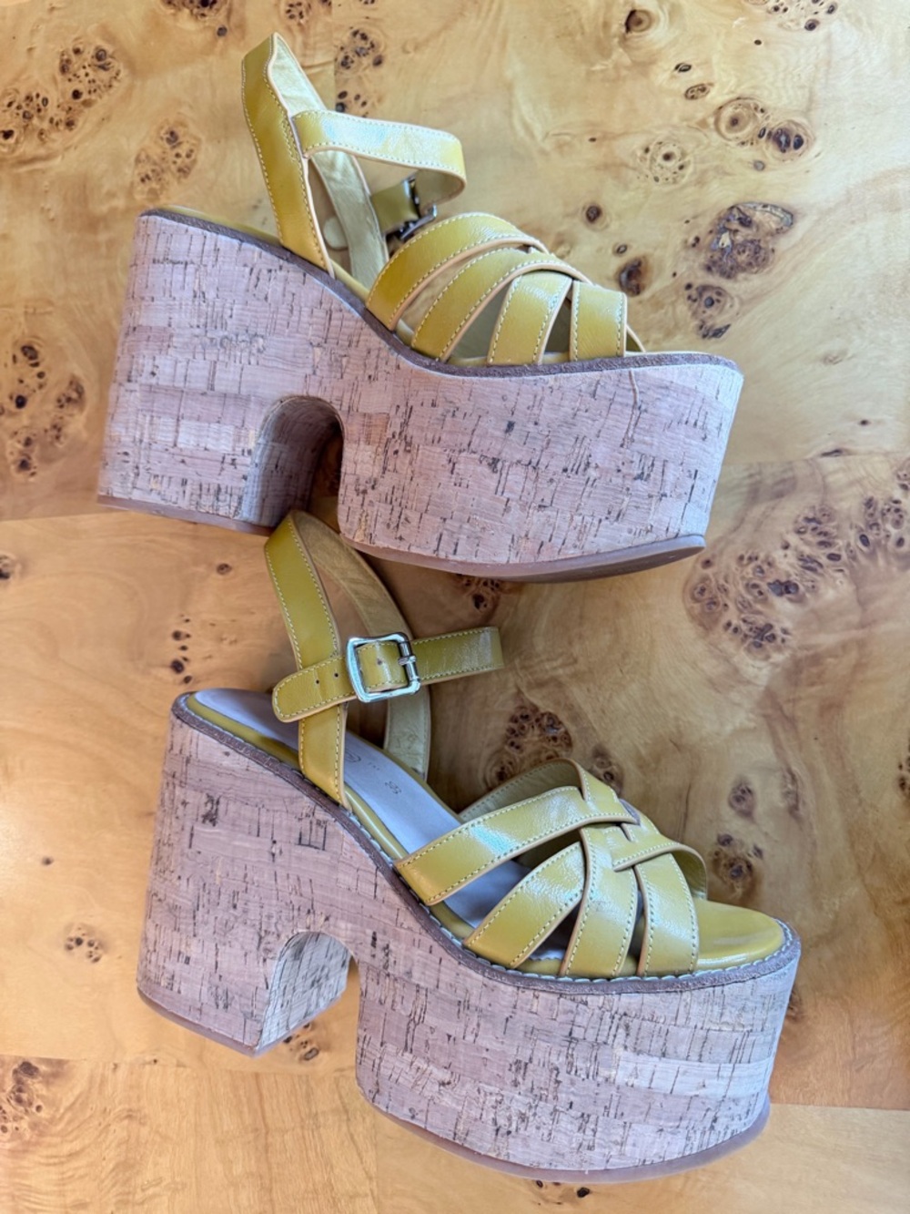ROC Women's Yellow patent leather Platform Cork Sandals with Strappy Buckle
